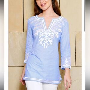 Gretchen Scott Embroidered White Blue Pinstripe Tunic - The Reef Size M